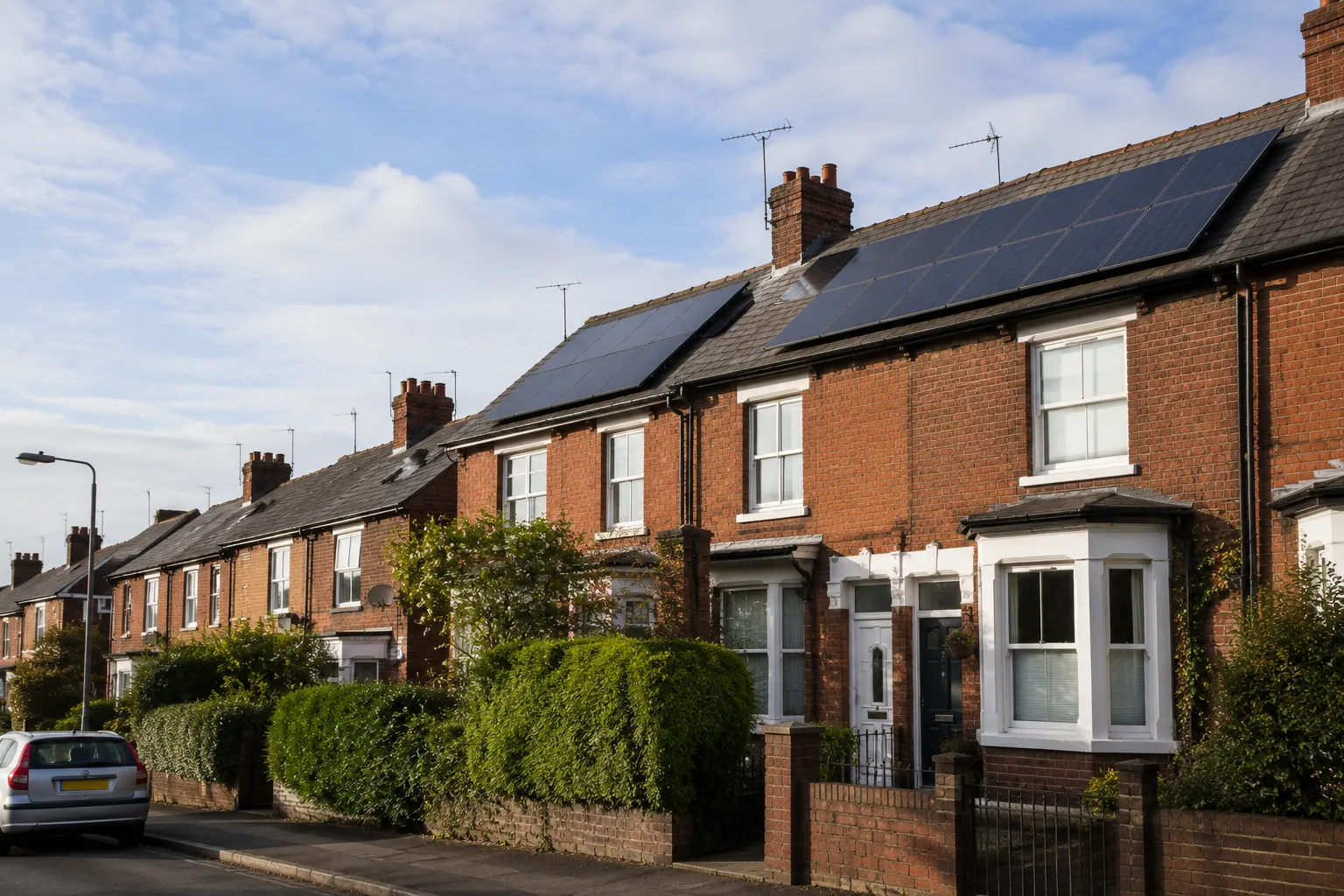 Victorian red-brick terraced street with solar panels on the roofs